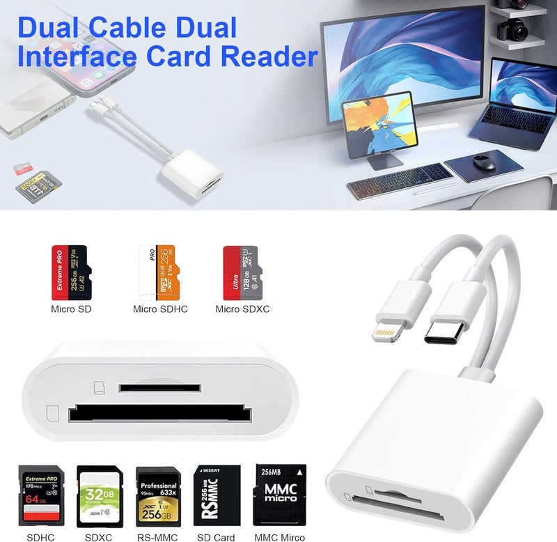 Denlane SD Card Reader for iPhone iPad, USB C & Lightning Dual Interface Memory Card Reader, Digital Camera Adapter to iPhone/MacBook/USBC Laptop for SD/TF/Sim Card, Plug & Play, Camera Accessories - Image 2